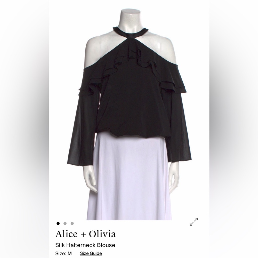 Alice + Olivia Black Silk Cold-Shoulder Ruffle Halterneck Top